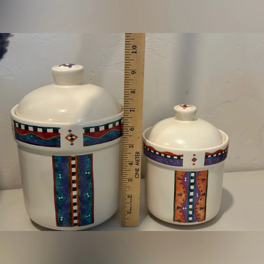 VTG Treasure Craft Adirondack Canister Lids Aztec Southwest Pattern Set of 2